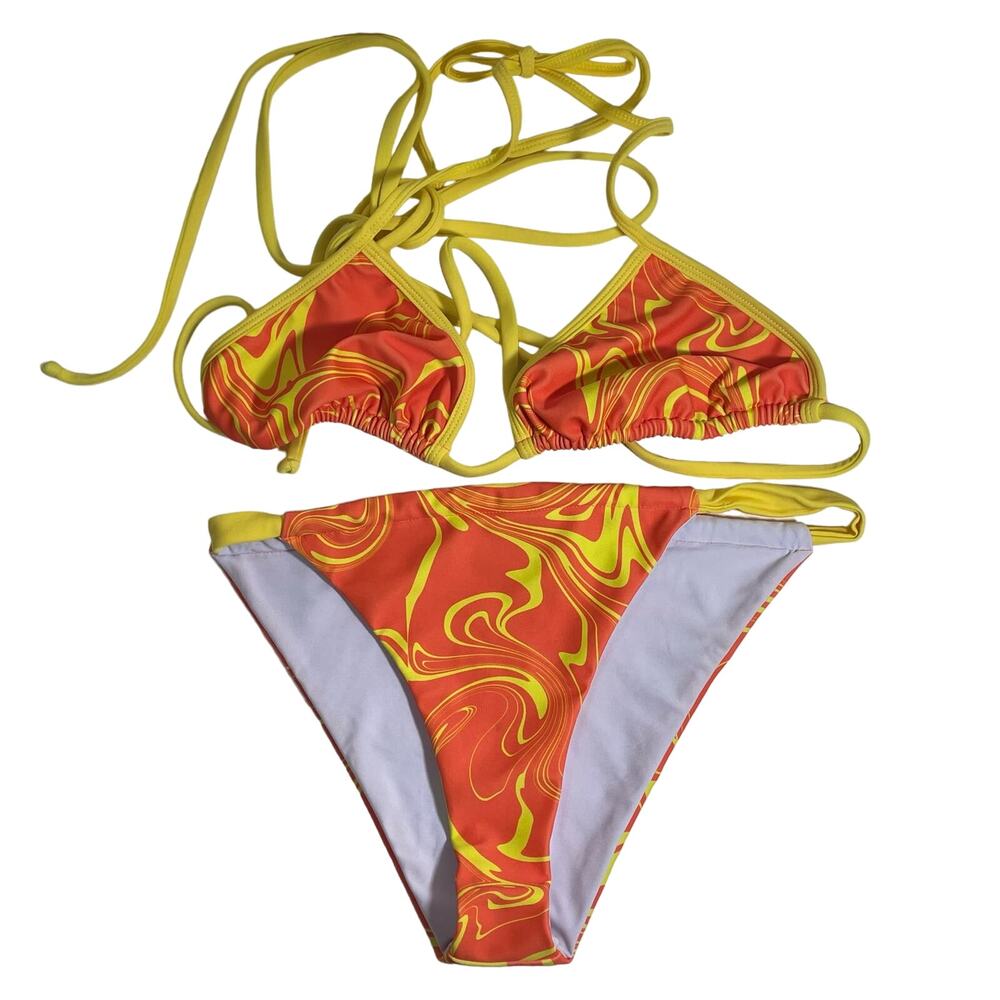 Loleia Orange Yellow Swirl Bikini Top and Bottom Set Sz Medium Beach Vacation